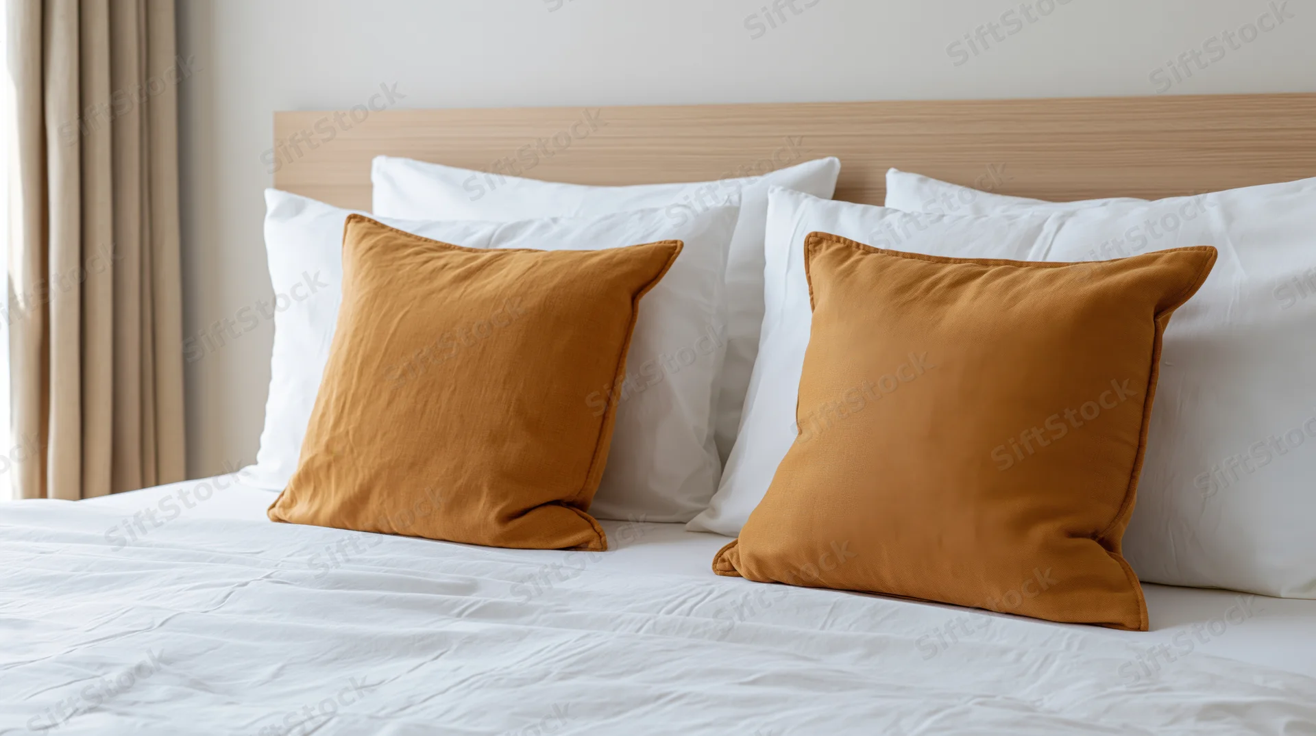 Neatly made hotel bed with white pillows and two amber-ochre cushions against wooden headboard