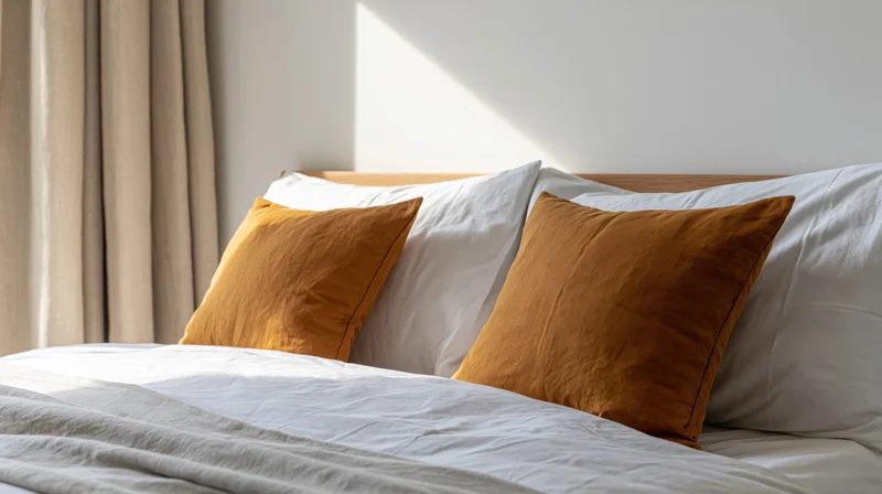 Neatly made hotel bed with white and amber-ochre pillows under natural sunlight