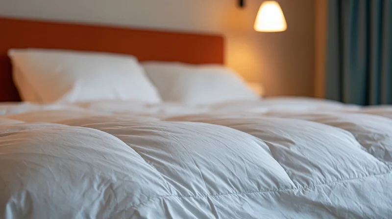 Neatly made hotel bed with white quilted duvet and two white pillows against orange headboard, warm lamp lighting in background