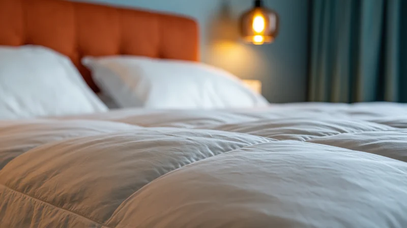 Neatly made hotel bed with white quilted duvet in foreground, orange tufted headboard, warm pendant light glowing in background