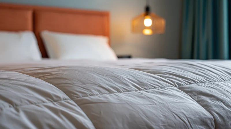 Neatly made hotel bed with white quilted duvet in foreground