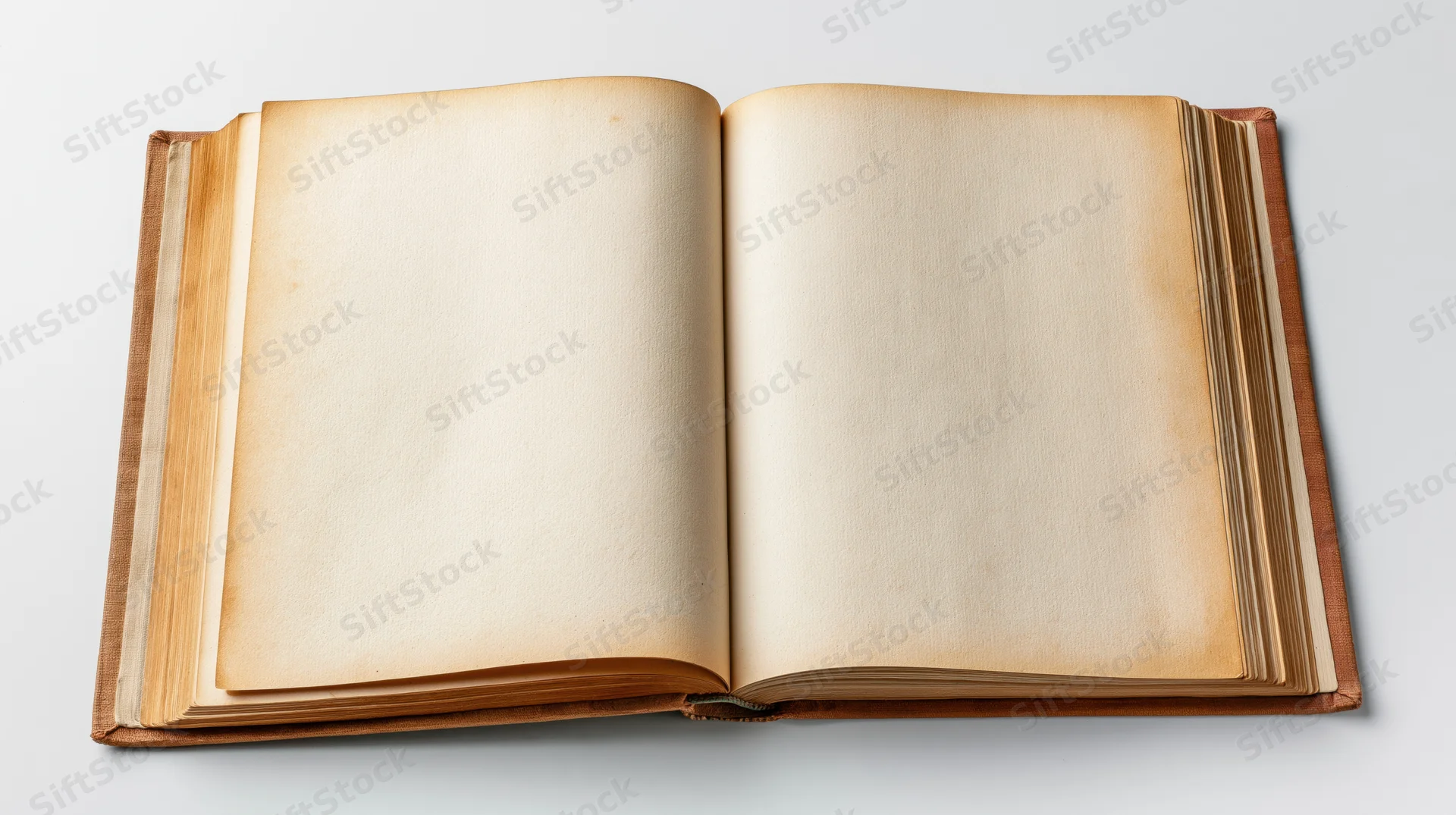Open hardcover book with blank yellowed pages on white background