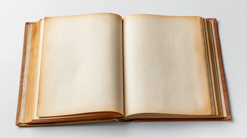 Open hardcover book with blank yellowed pages on white background