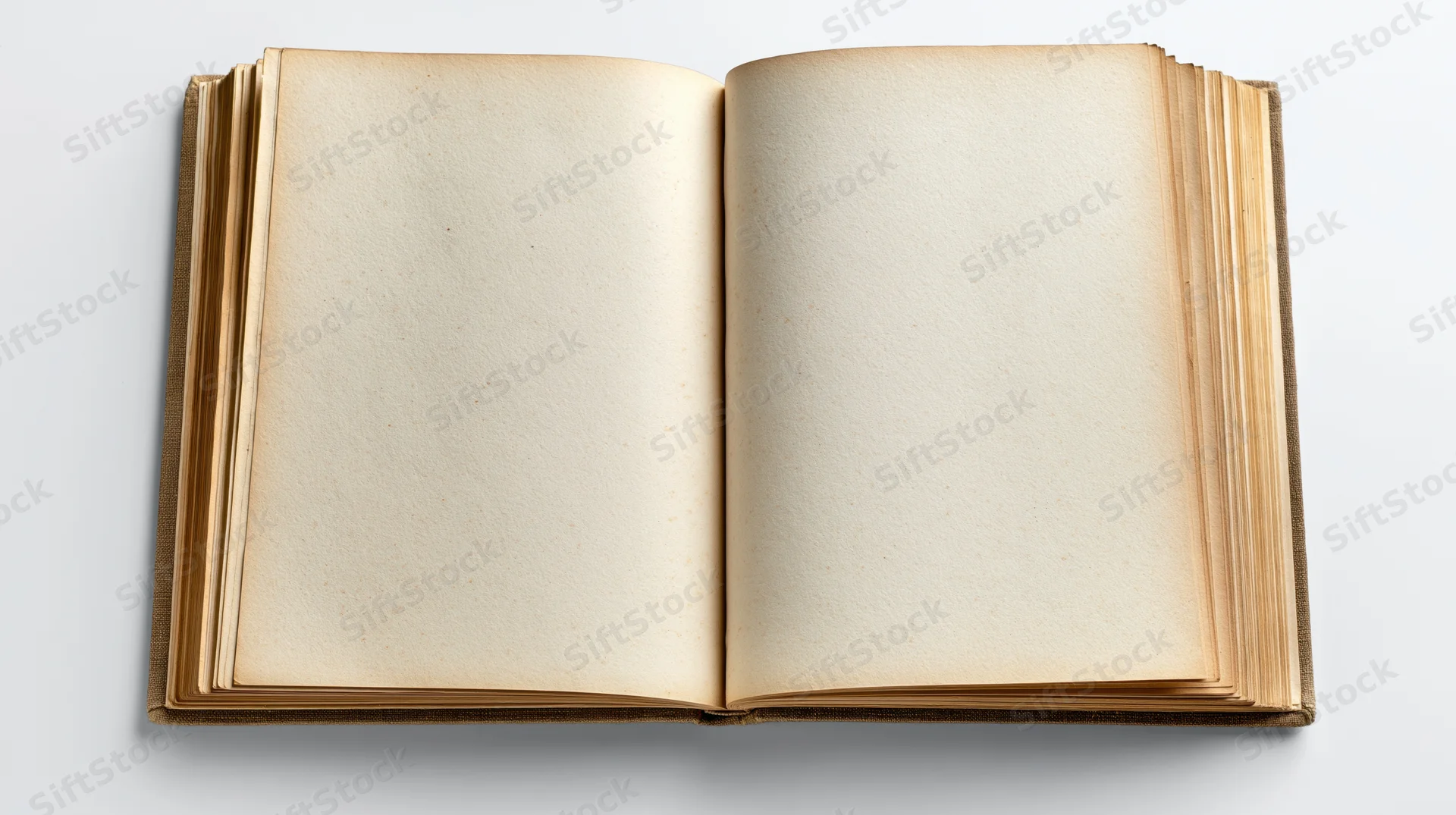 Open hardcover book with blank yellowed pages on white background