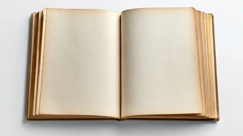 Open hardcover book with blank yellowed pages on white background