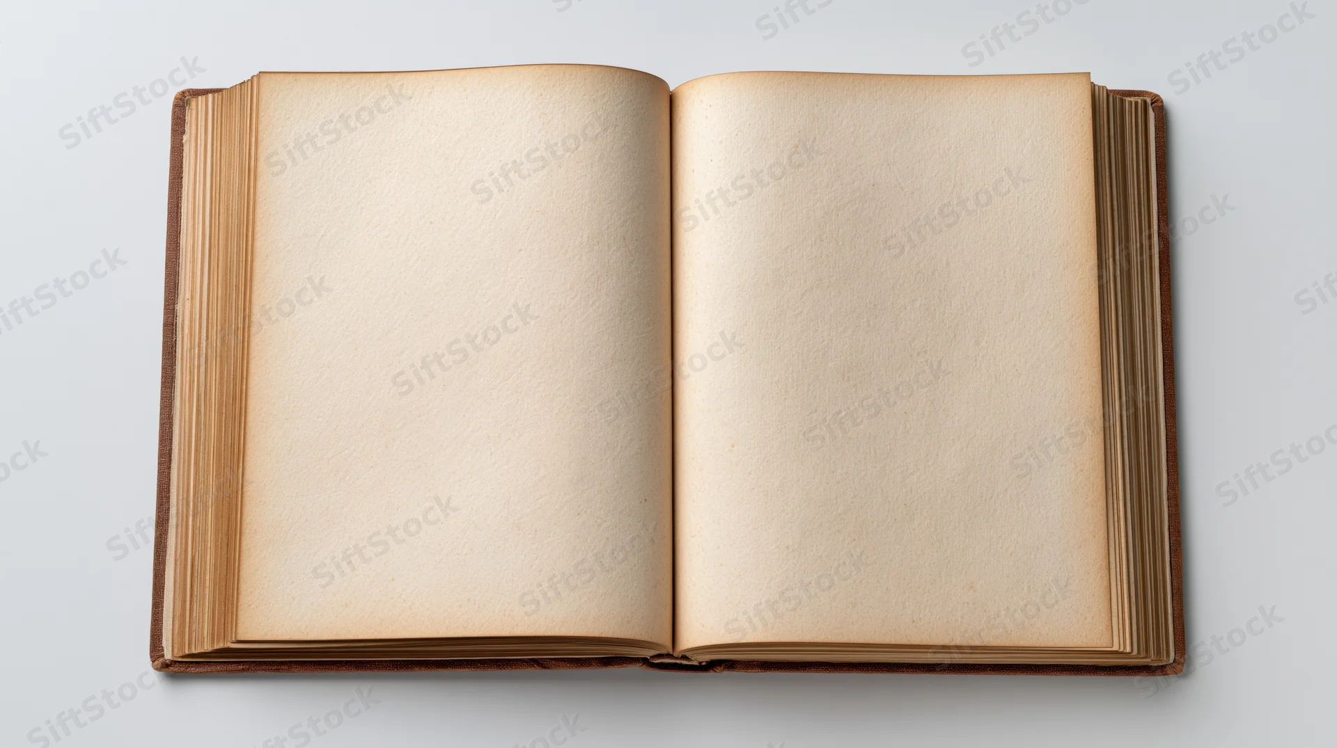 Open hardcover book with blank yellowed pages on white background