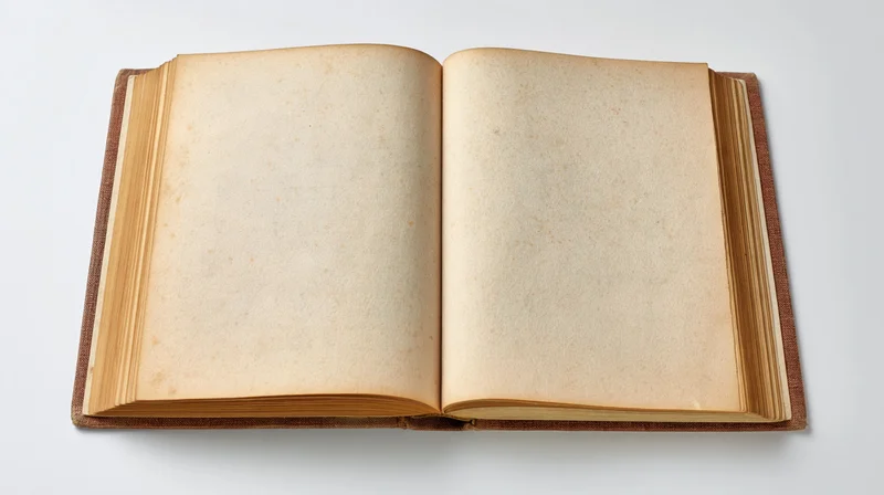 Open vintage hardcover book with blank yellowed pages on white background