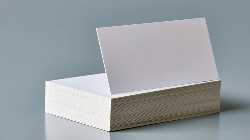Blank white business card standing upright against a stack of cards on a gray surface