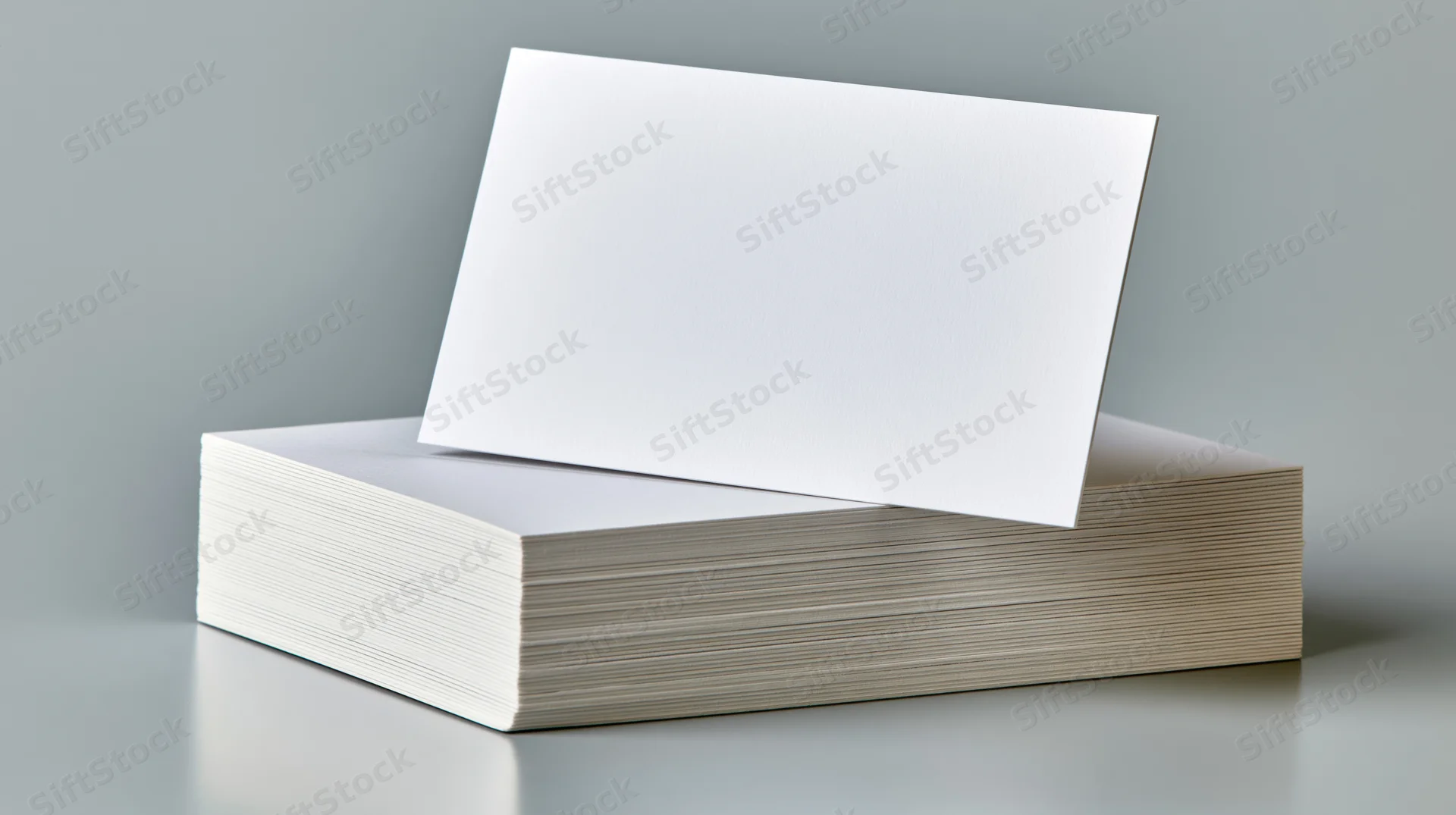 Blank white business card standing upright against a stack of cards on a gray surface