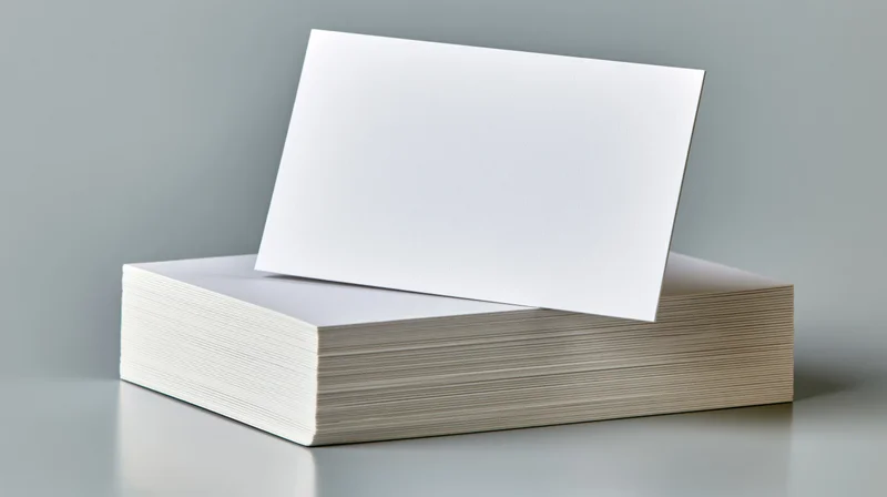 Blank white business card standing upright against a stack of cards on a gray surface