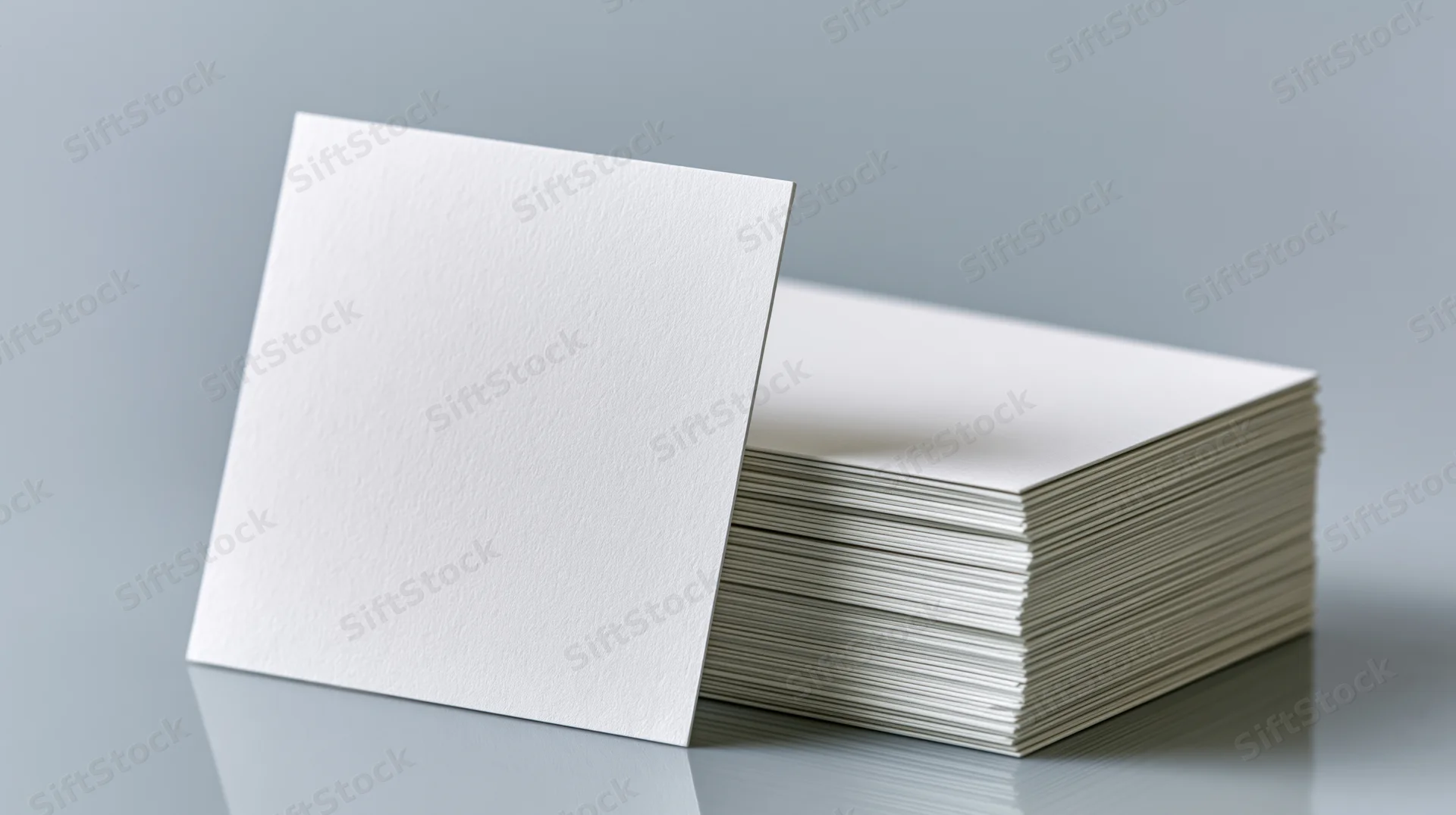 Blank white business card standing upright against a stack on reflective surface
