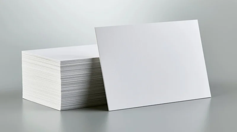 Blank white business card standing upright leaning against a stack on a gray surface