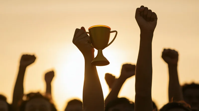 Hands raising a gold trophy cup against a sunset sky with fists in the air