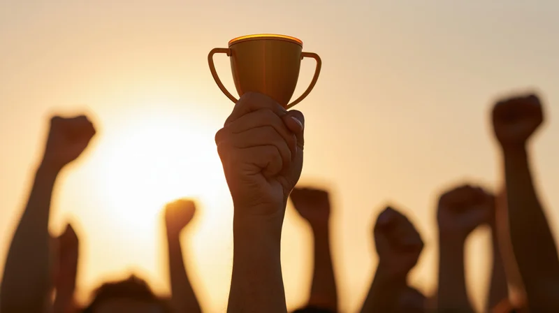 Hand holding gold trophy cup high against sunset with silhouetted fists in celebration