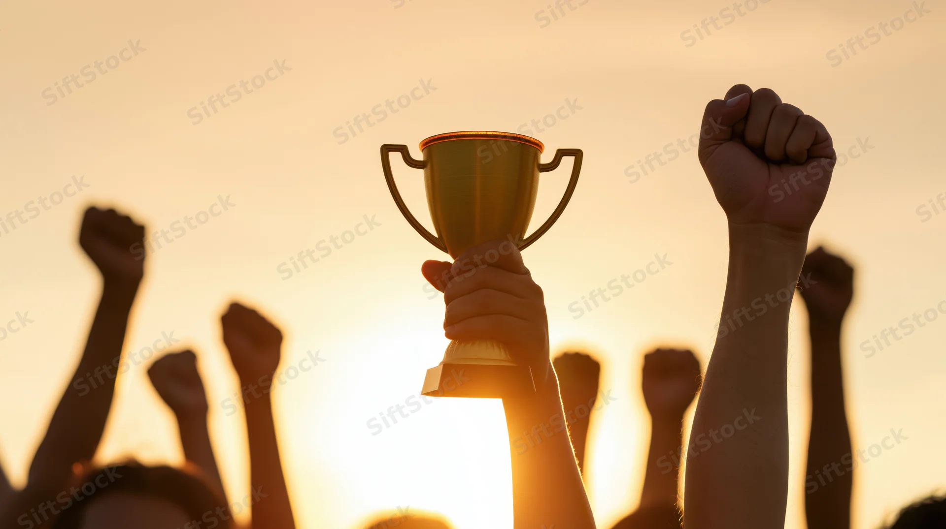 Hand holding gold trophy aloft with raised fists against sunset sky