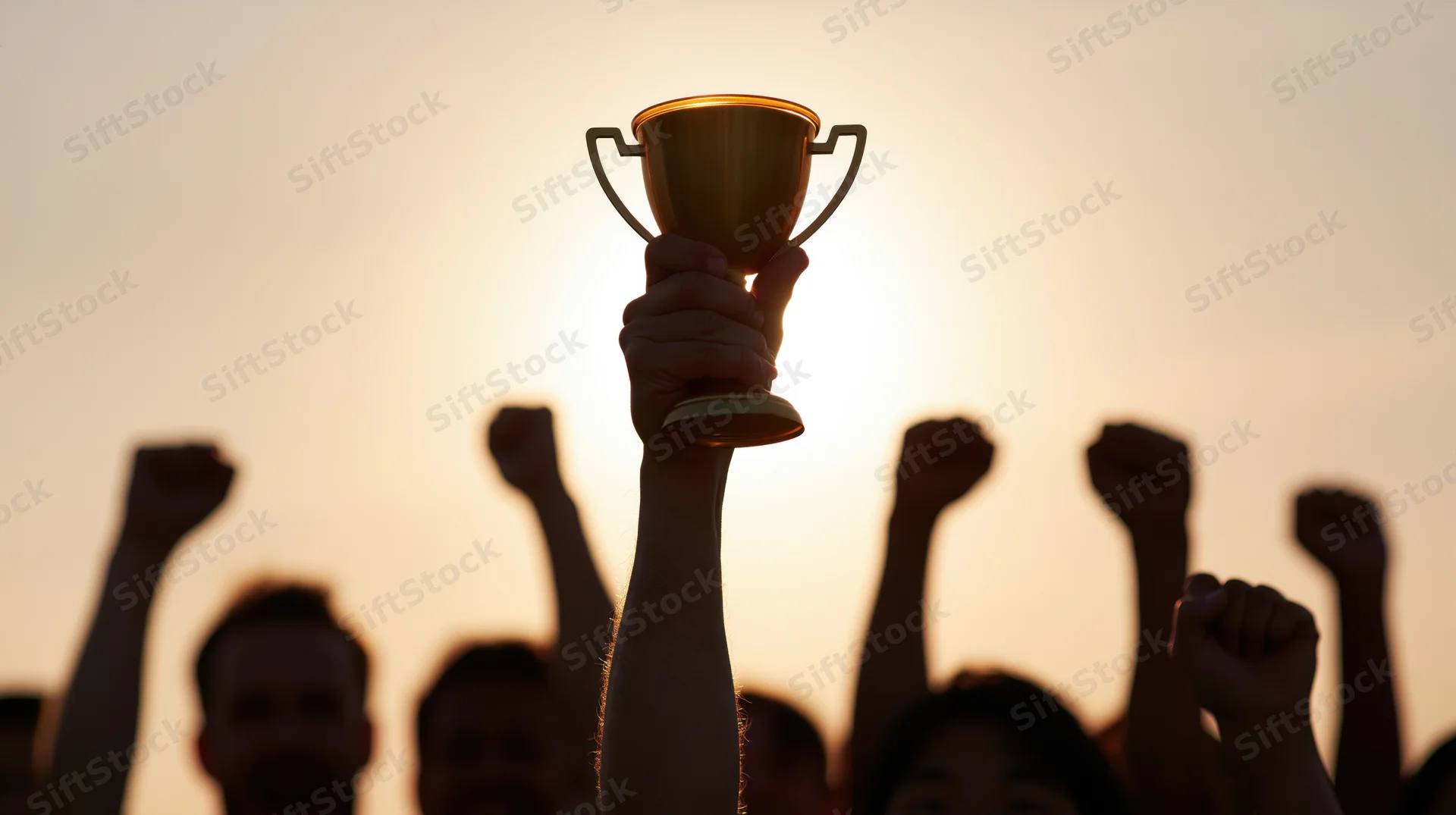 Hand raising gold trophy cup high against sunset with silhouetted team celebrating in background