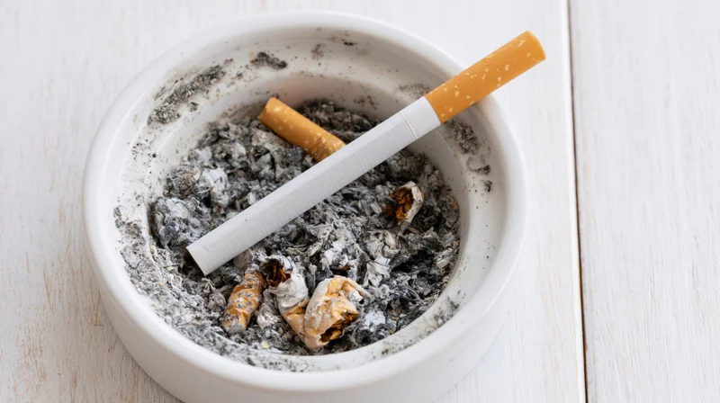 Unlit cigarette resting diagonally across a white ceramic ashtray filled with ash and cigarette butts on a light wooden surface