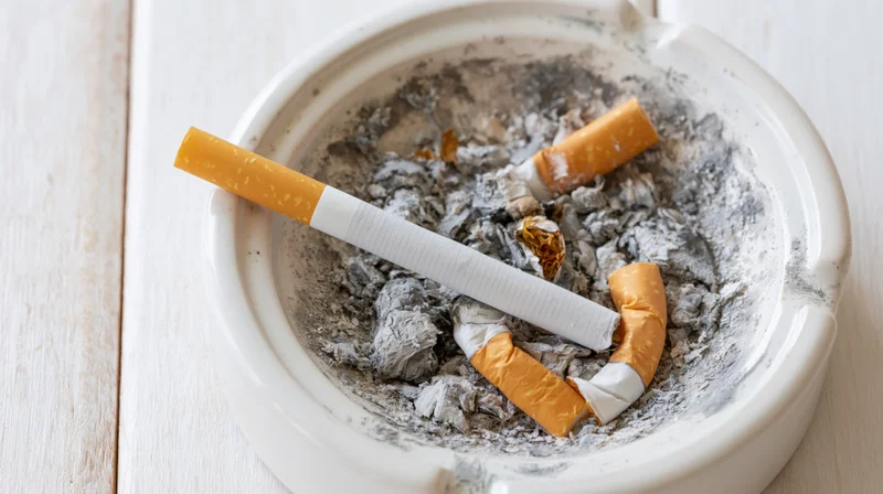 Unlit cigarette resting diagonally across a full ashtray on a wooden table