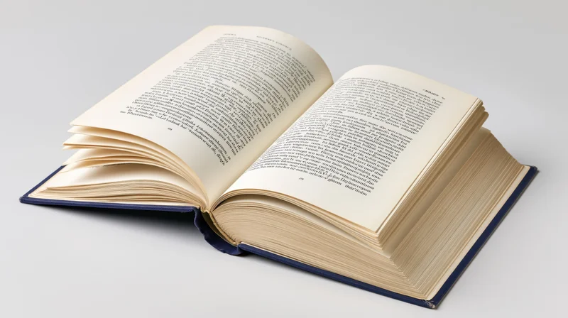 Open hardcover book with navy blue cloth binding and pages spread on white background