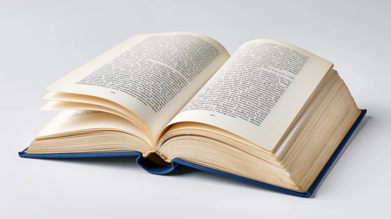Open hardcover book with navy blue cloth binding and pages spread on white background