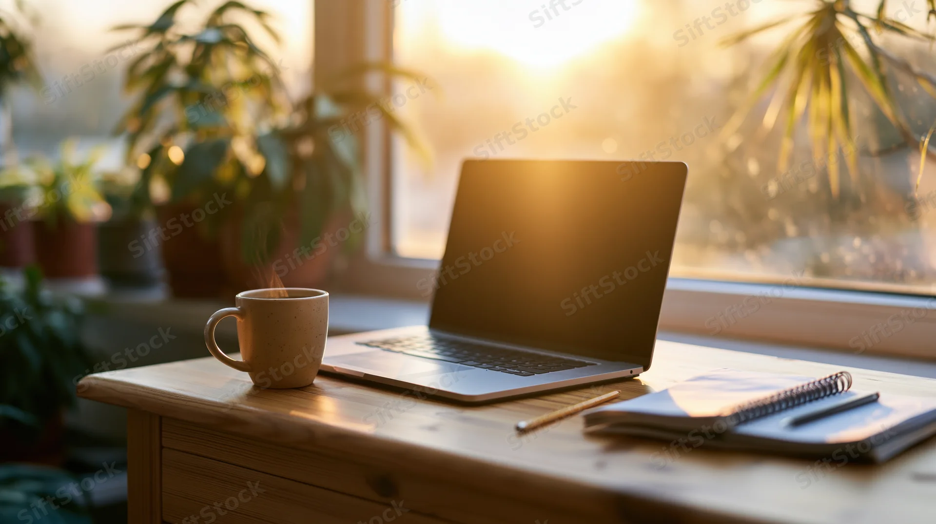 Open laptop and coffee mug on wooden desk by window with plants in morning light