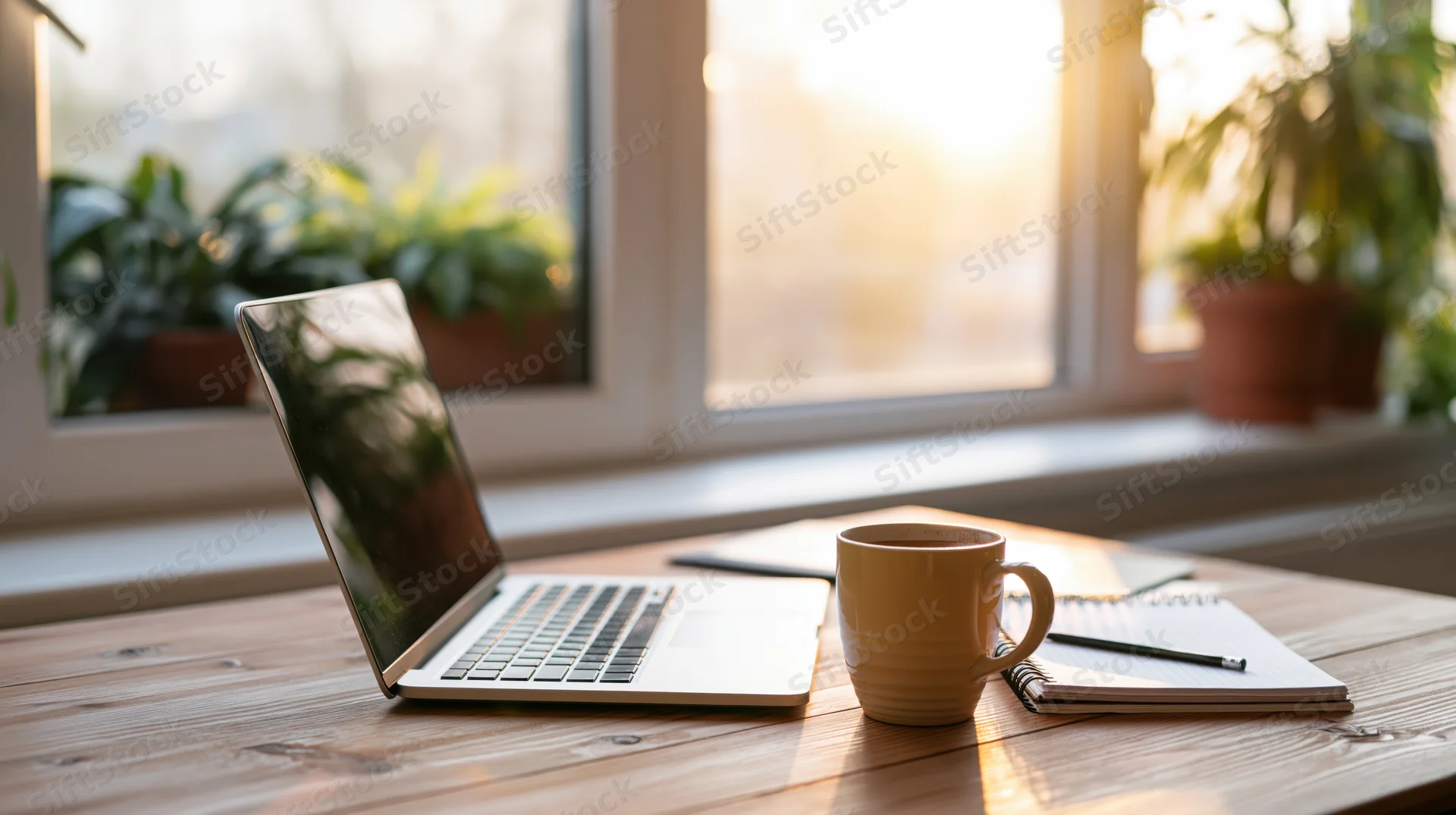 Open laptop with coffee mug and notebook on wooden desk by window with plants in morning light