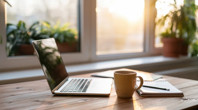 Open laptop with coffee mug and notebook on wooden desk by window with plants in morning light