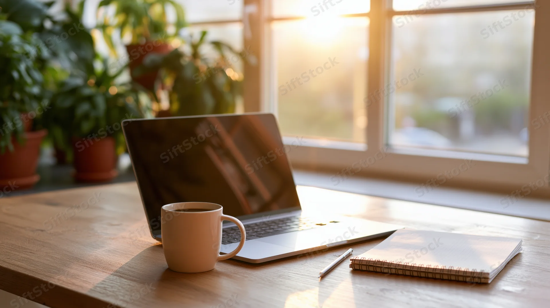 Open laptop with coffee mug and spiral notebook on wooden desk by window with plants and sunlight