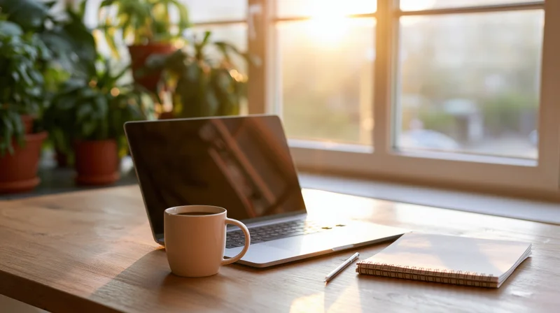 Open laptop with coffee mug and spiral notebook on wooden desk by window with plants and sunlight
