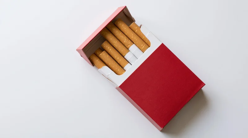 Open red and white cigarette pack with several cigarettes visible on white background
