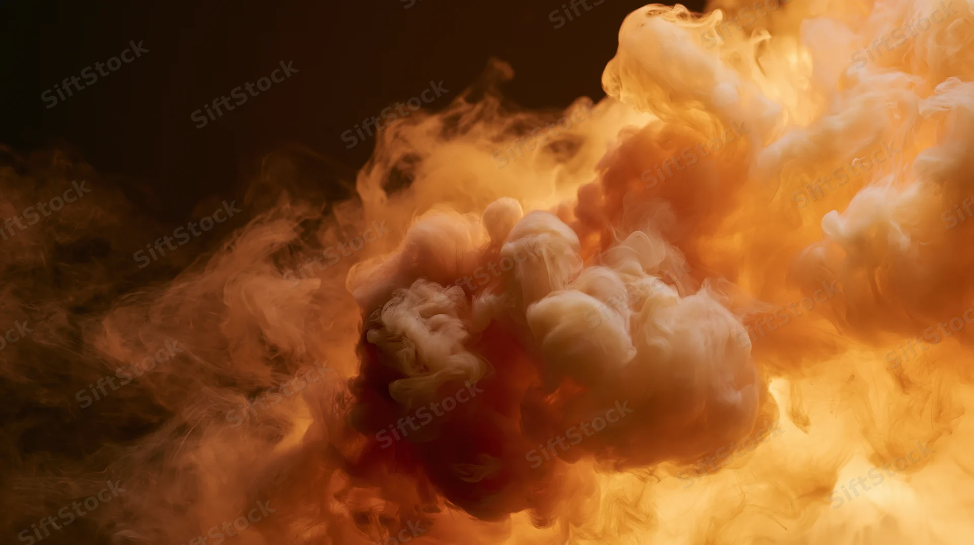 Swirling orange and cream ink dispersing in water against dark background