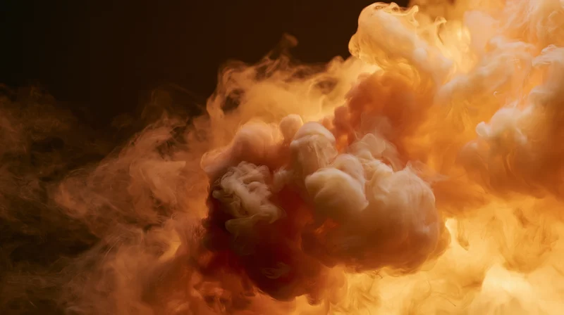 Swirling orange and cream ink dispersing in water against dark background