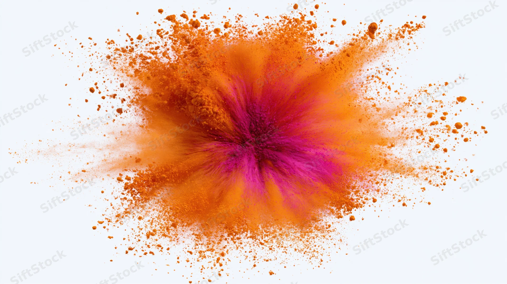 Orange and pink holi powder exploding outward from a central point on white background