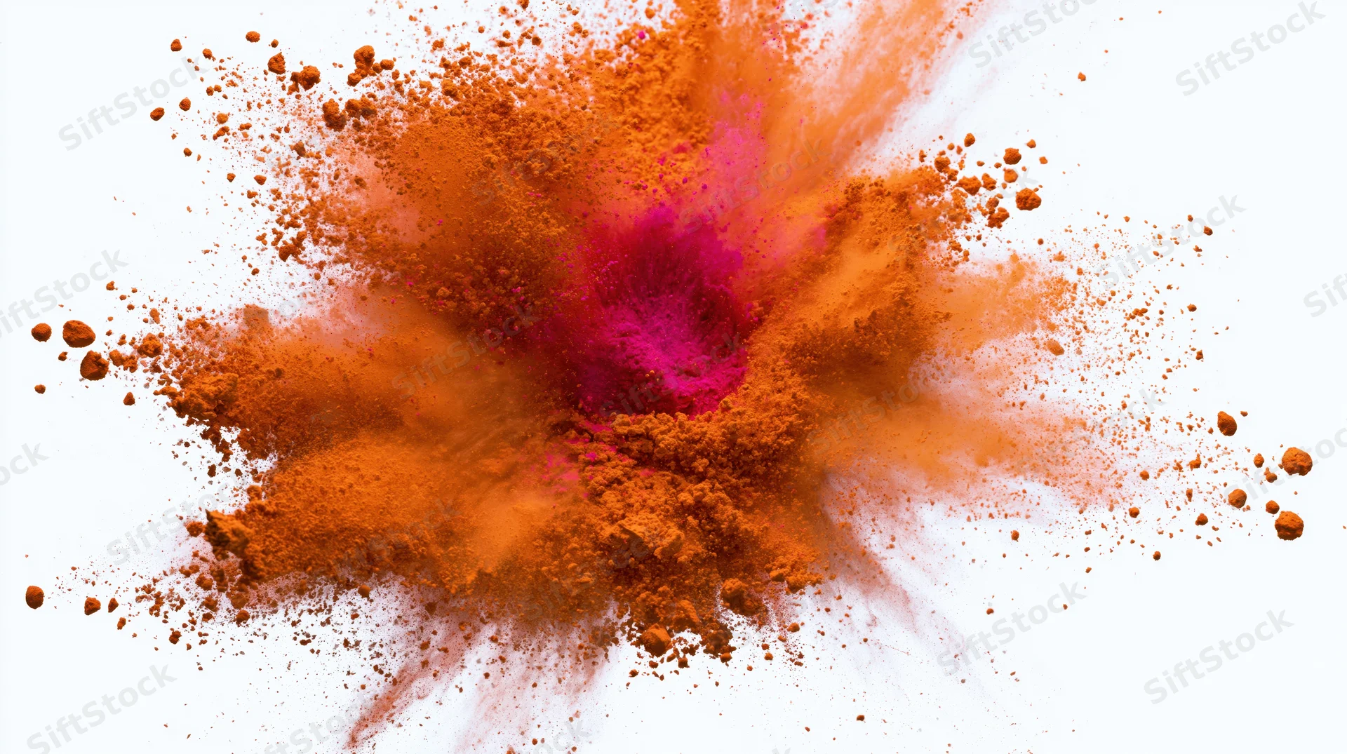 Orange and pink holi powder exploding outward from a central point against white background