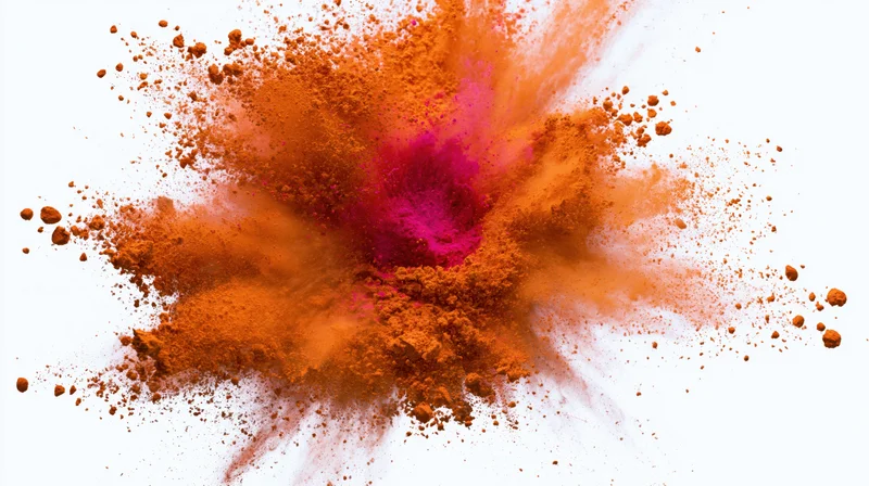 Orange and pink holi powder exploding outward from a central point against white background