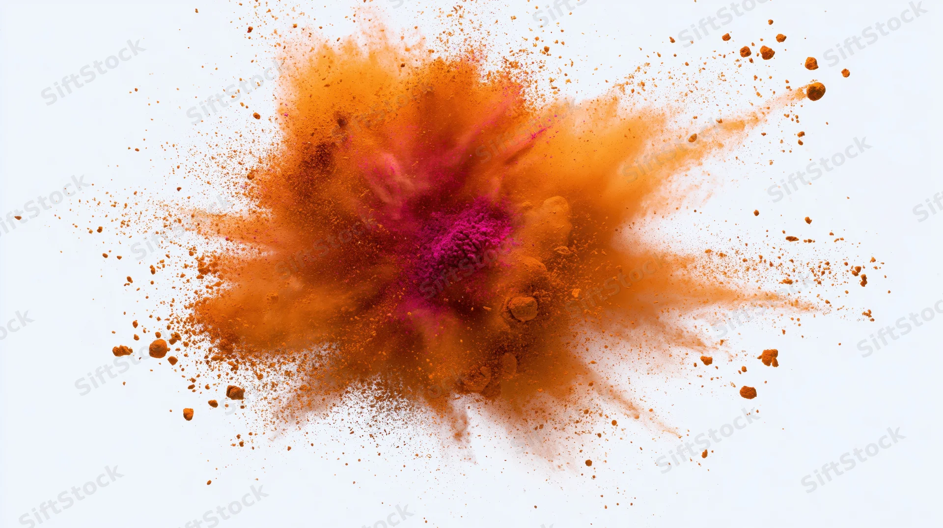 Orange and pink holi powder exploding outward from a central point against a white background