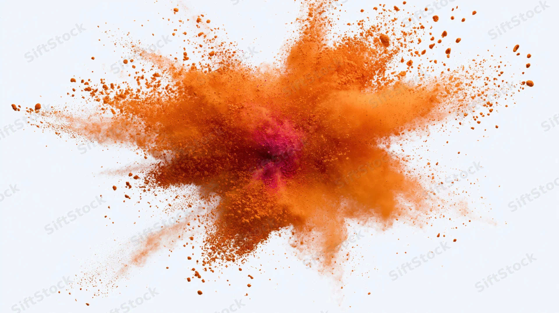 Orange and pink holi powder exploding outward in a dynamic burst against white background
