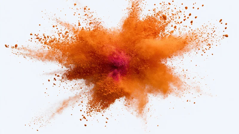Orange and pink holi powder exploding outward in a dynamic burst against white background