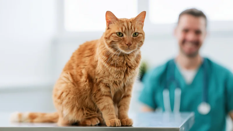 Orange tabby cat sitting alert on stainless steel exam table in veterinary clinic with veterinarian in background