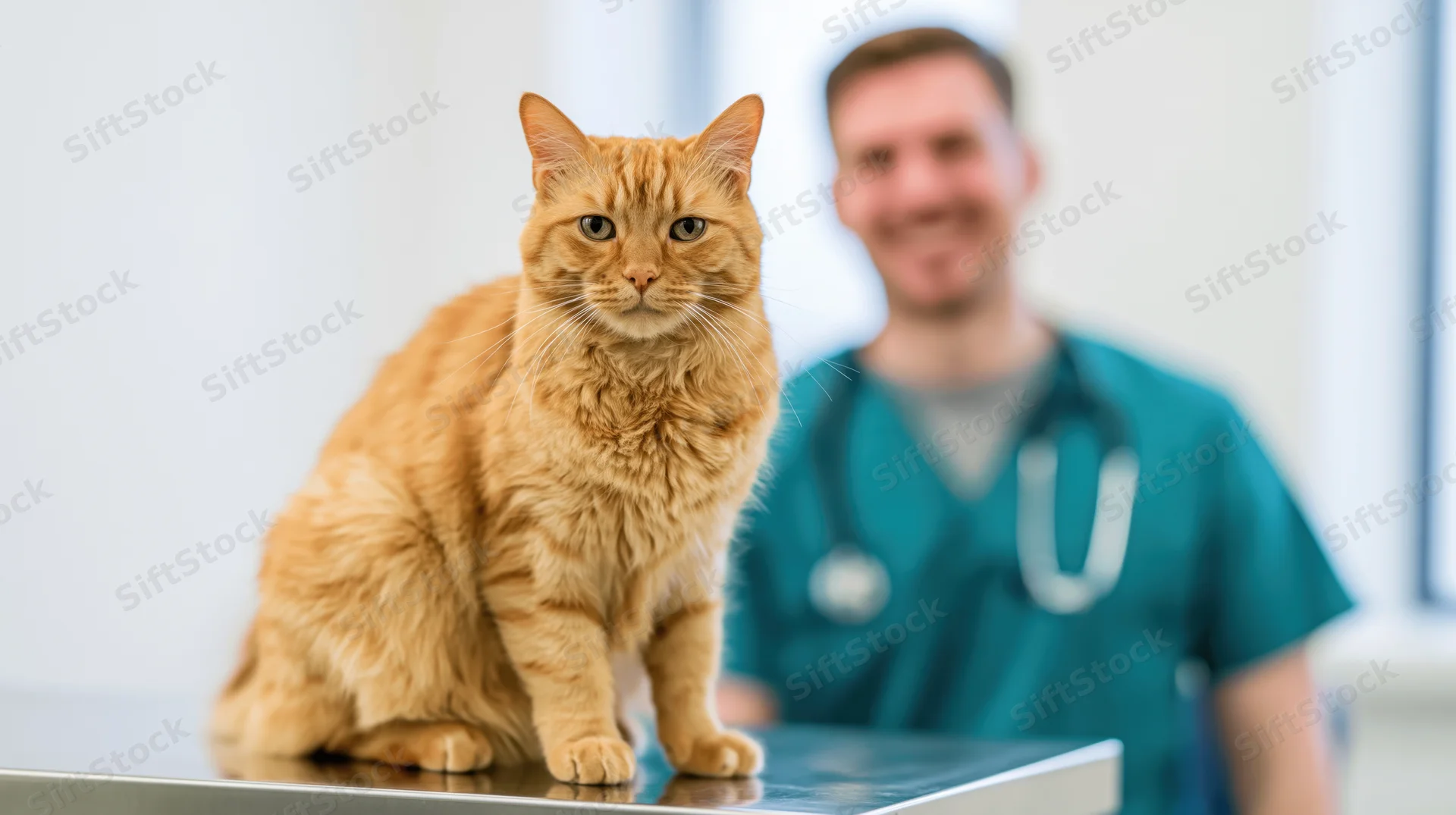Orange tabby cat sitting alert on stainless steel exam table in veterinary clinic with veterinarian in background