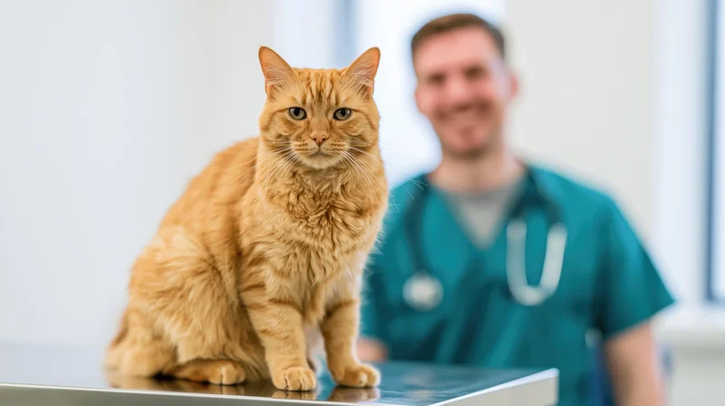 Orange tabby cat sitting alert on stainless steel exam table in veterinary clinic with veterinarian in background