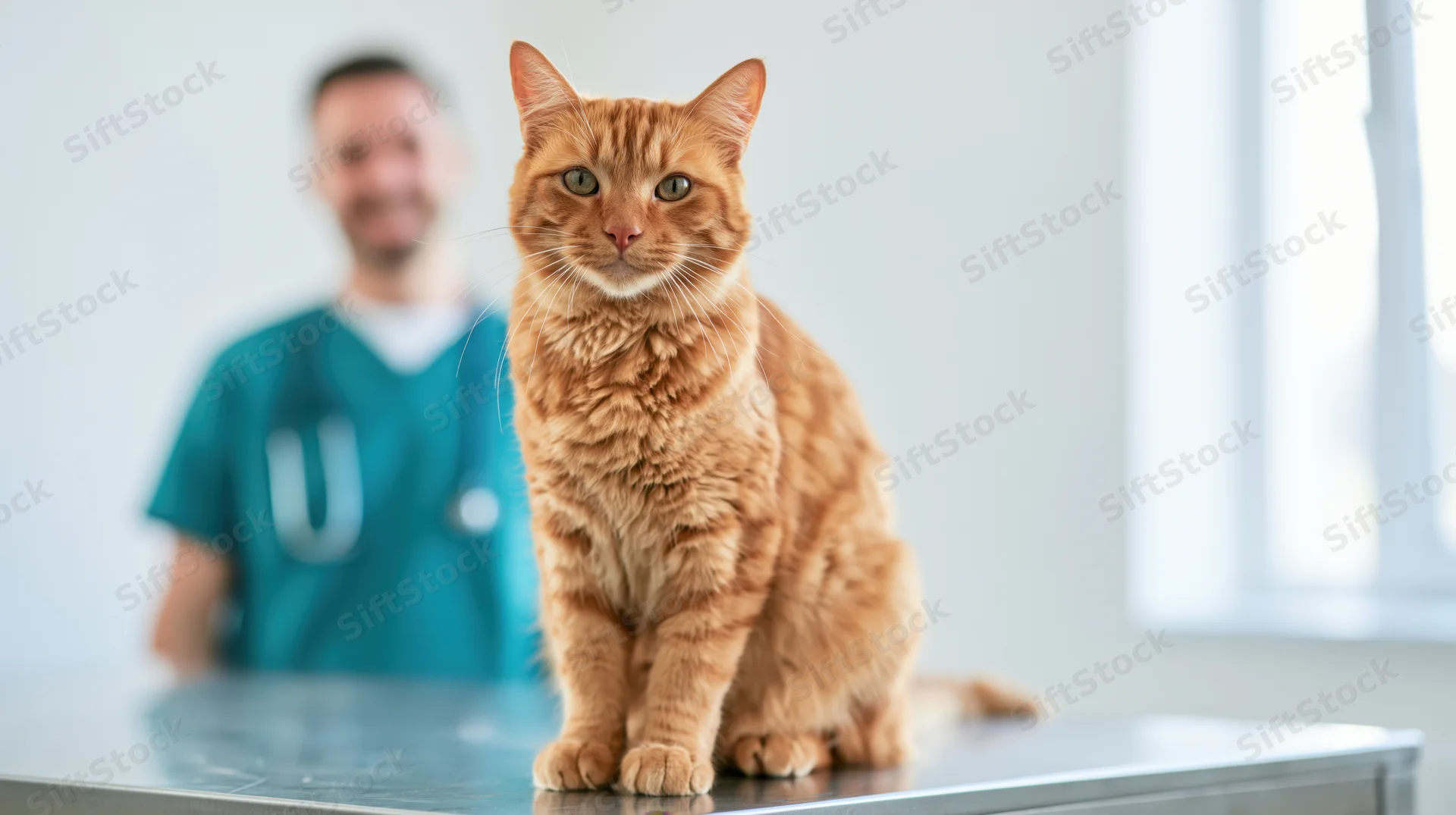 Orange tabby cat sitting alert on stainless steel exam table in veterinary clinic with veterinarian in background