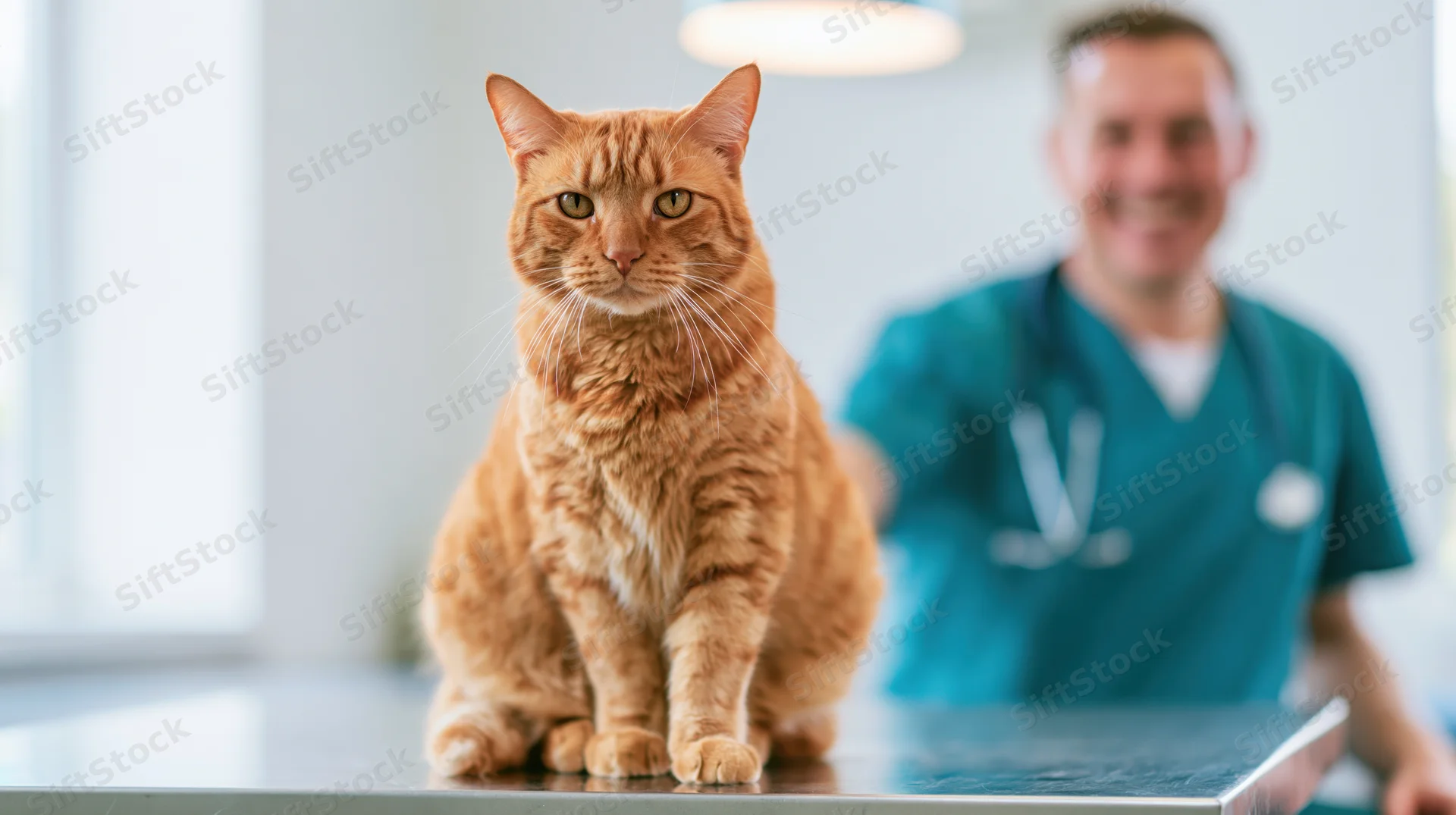 Orange tabby cat sitting alert on stainless steel exam table with veterinarian in background