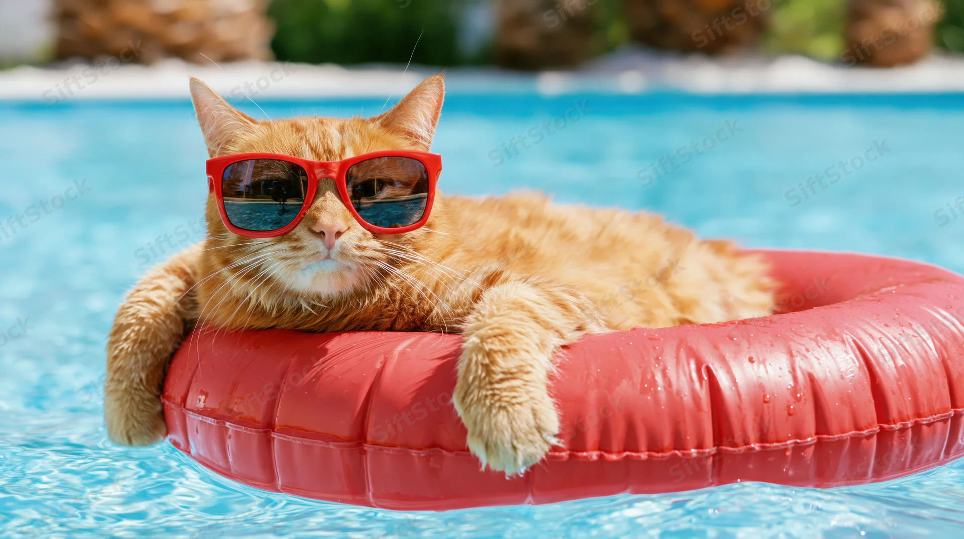 Orange tabby cat wearing red sunglasses floating on red inflatable ring in swimming pool