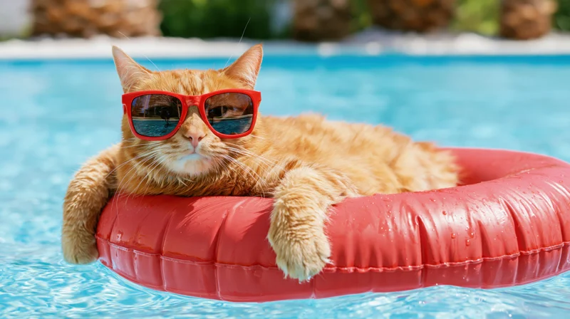 Orange tabby cat wearing red sunglasses floating on red inflatable ring in swimming pool