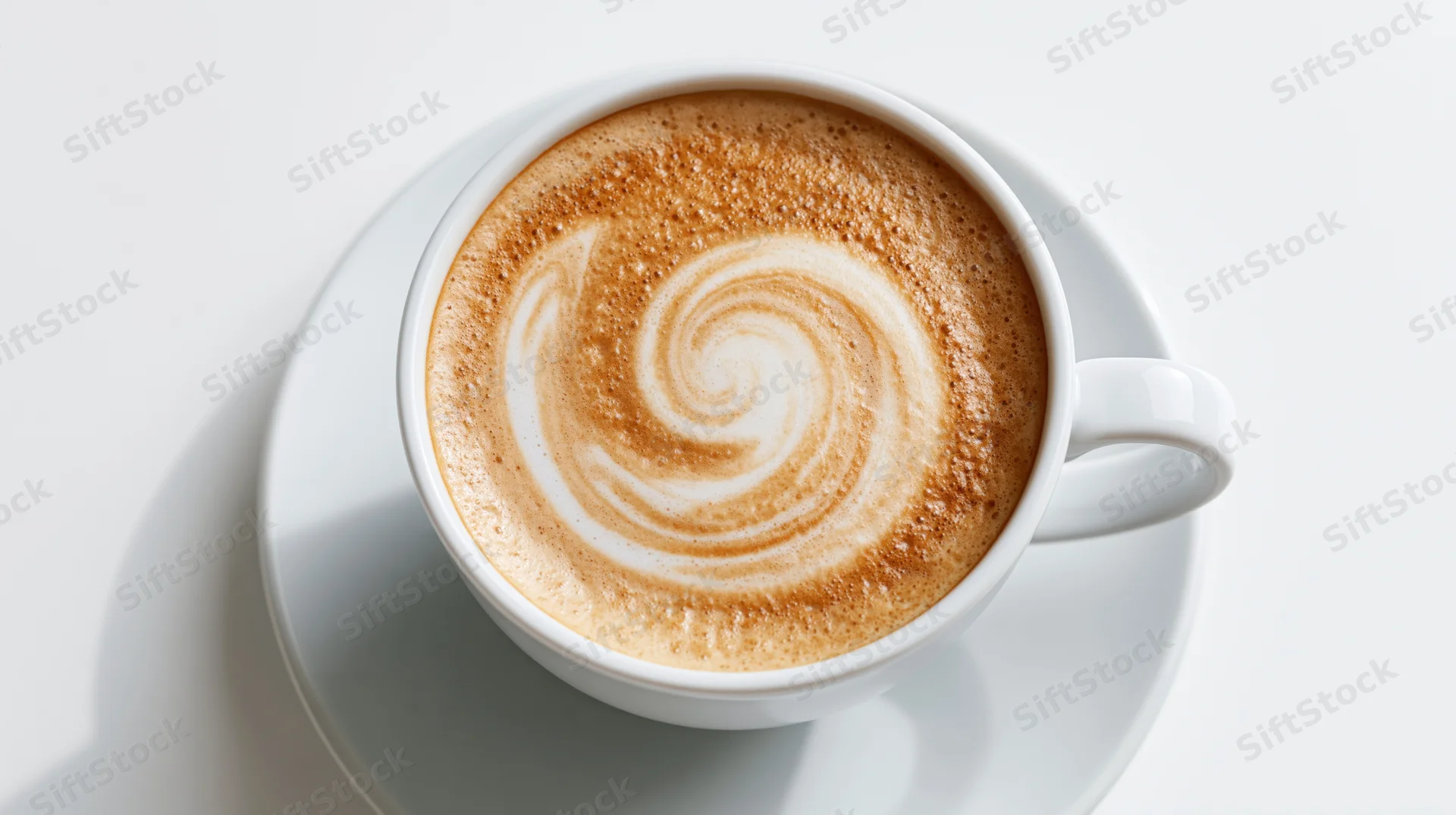 Overhead view of a white ceramic cappuccino cup with latte art swirl on a saucer