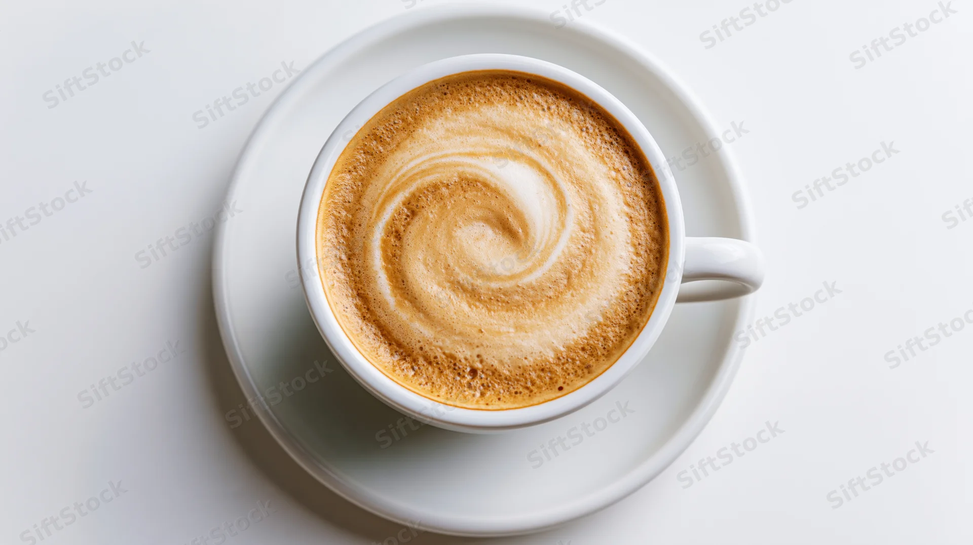Overhead view of a white ceramic cappuccino cup with latte art foam swirl on a saucer