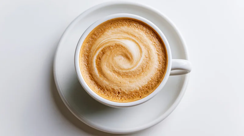 Overhead view of a white ceramic cappuccino cup with latte art foam swirl on a saucer