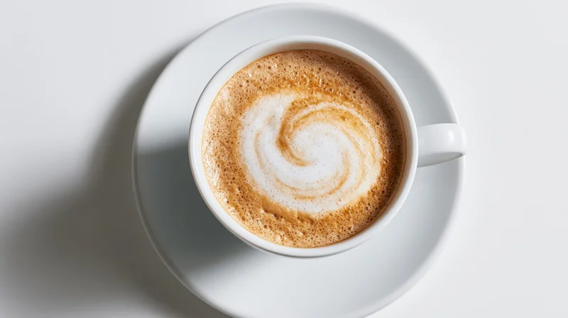 Overhead view of a white ceramic cappuccino cup with latte art foam on a saucer