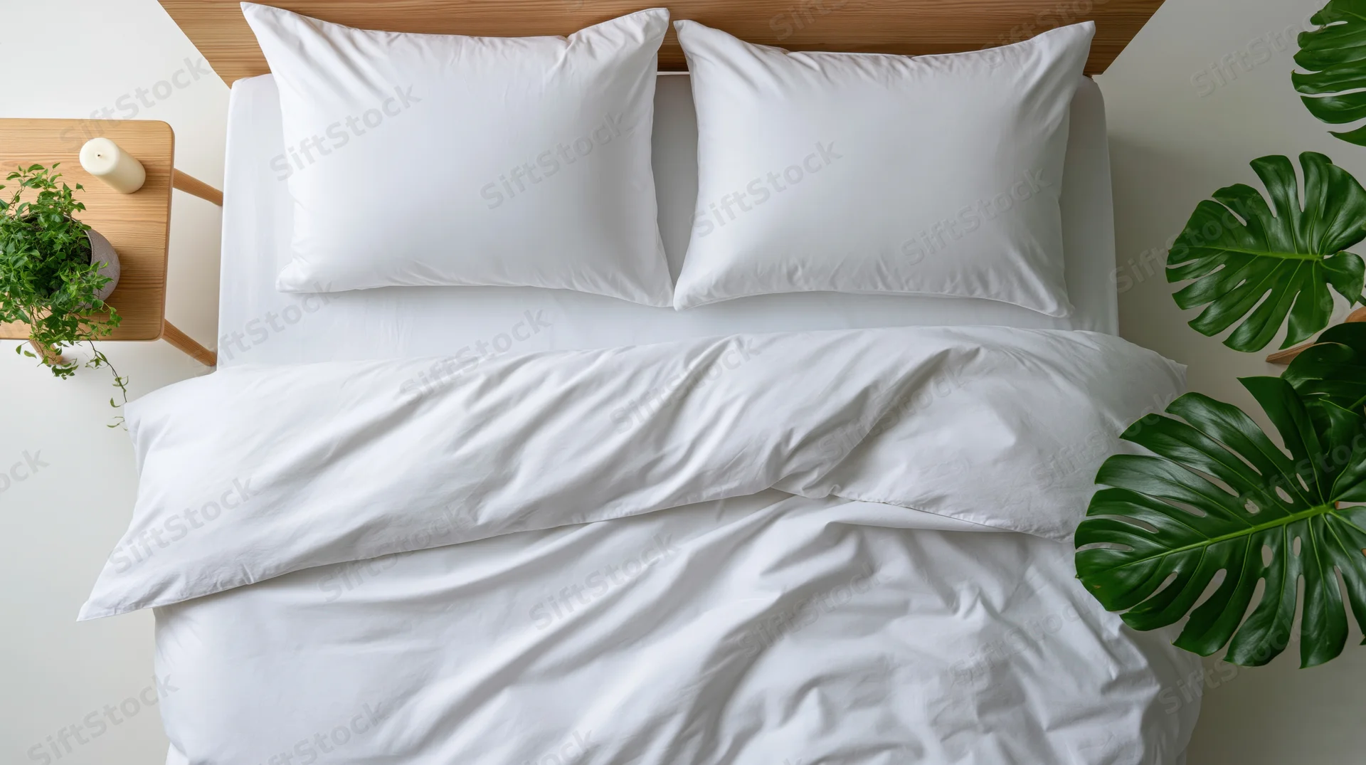 Overhead view of a neatly made double bed with white bedding and green plants beside it